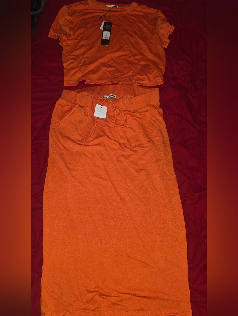 Orange Fitted Knit Drawstring Waist Midi Skirt And Crop Top - Women